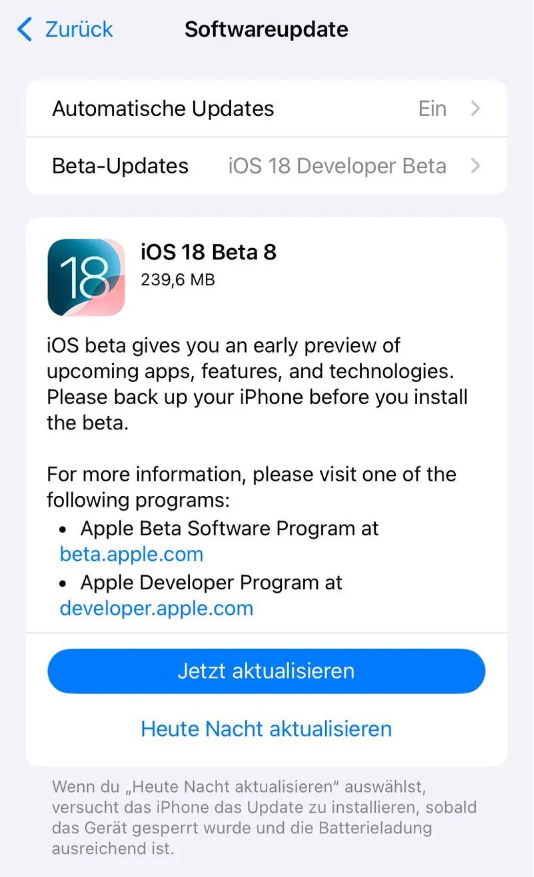 芙蓉苹果手机维修分享苹果 iOS / iPadOS 18 开发者预览版 Beta 8 发布 